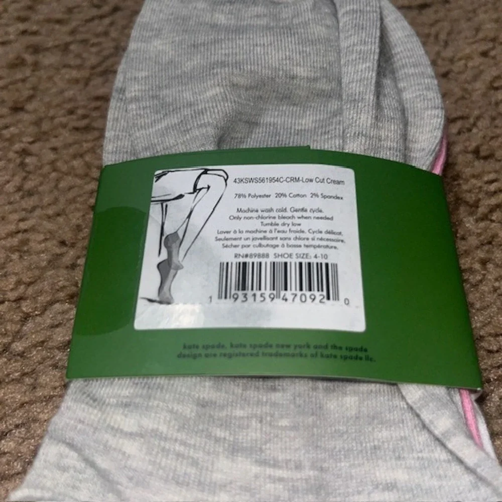 Kate Spade Low Cut Socks 3 Pairs Snail Print White Grey Pink One Size 4-10‎